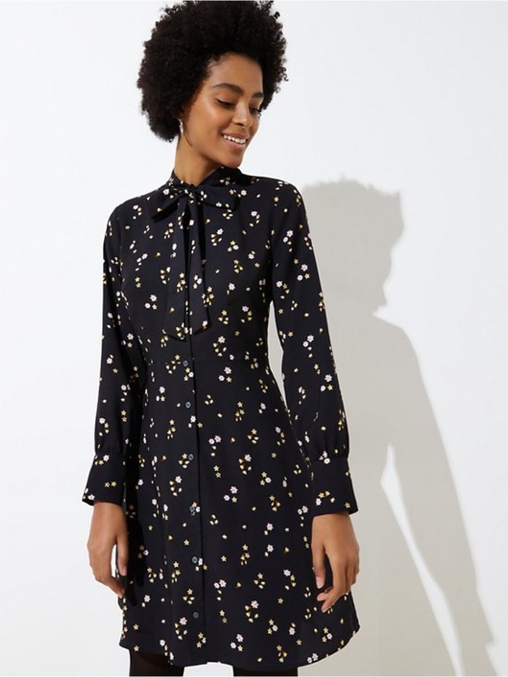 LOFT Black Floral Tie-Neck Flared Hem Long Sleeve Summer Shirt Dress 10
